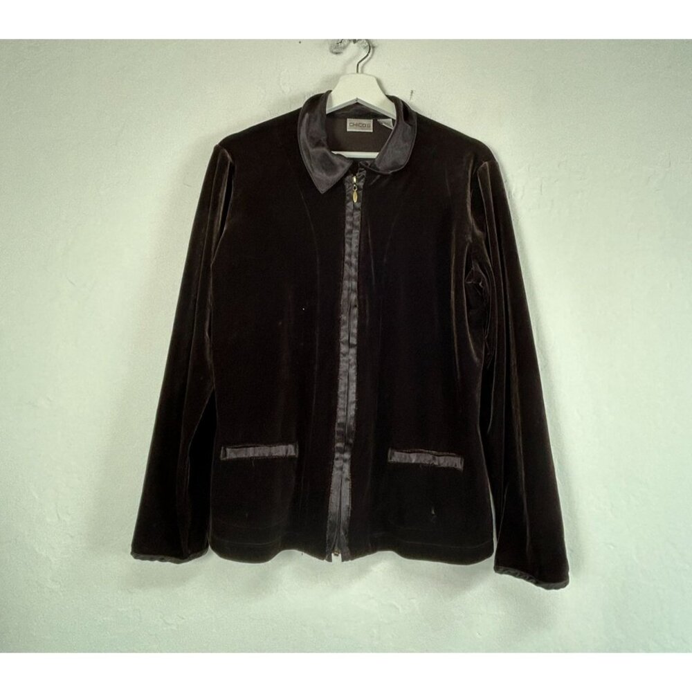 Chico's Brown Velvet Satin Trim Long Sleeve Jacket Size 1 Lightweight Stretch